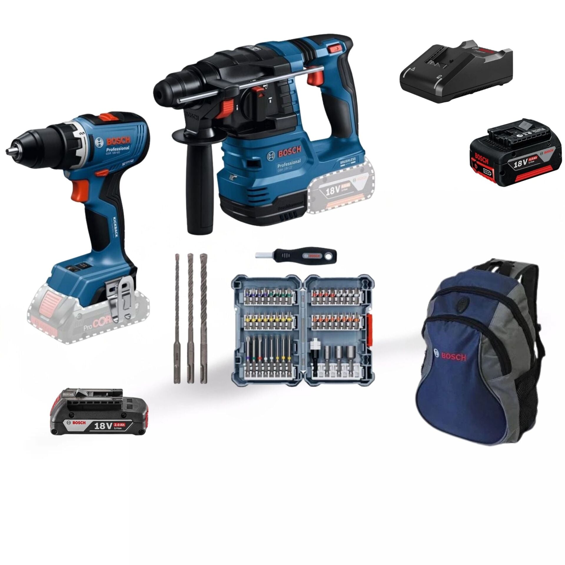 Bosch Akülü Alet Seti 18V-65 Akülü Vidalama & 185 Akülü Kırıcı Delici & Aksesuar Seti & 2607017693 (Bits uç) & 1617000117 (SDS plus Set) Çanta Hediyeli