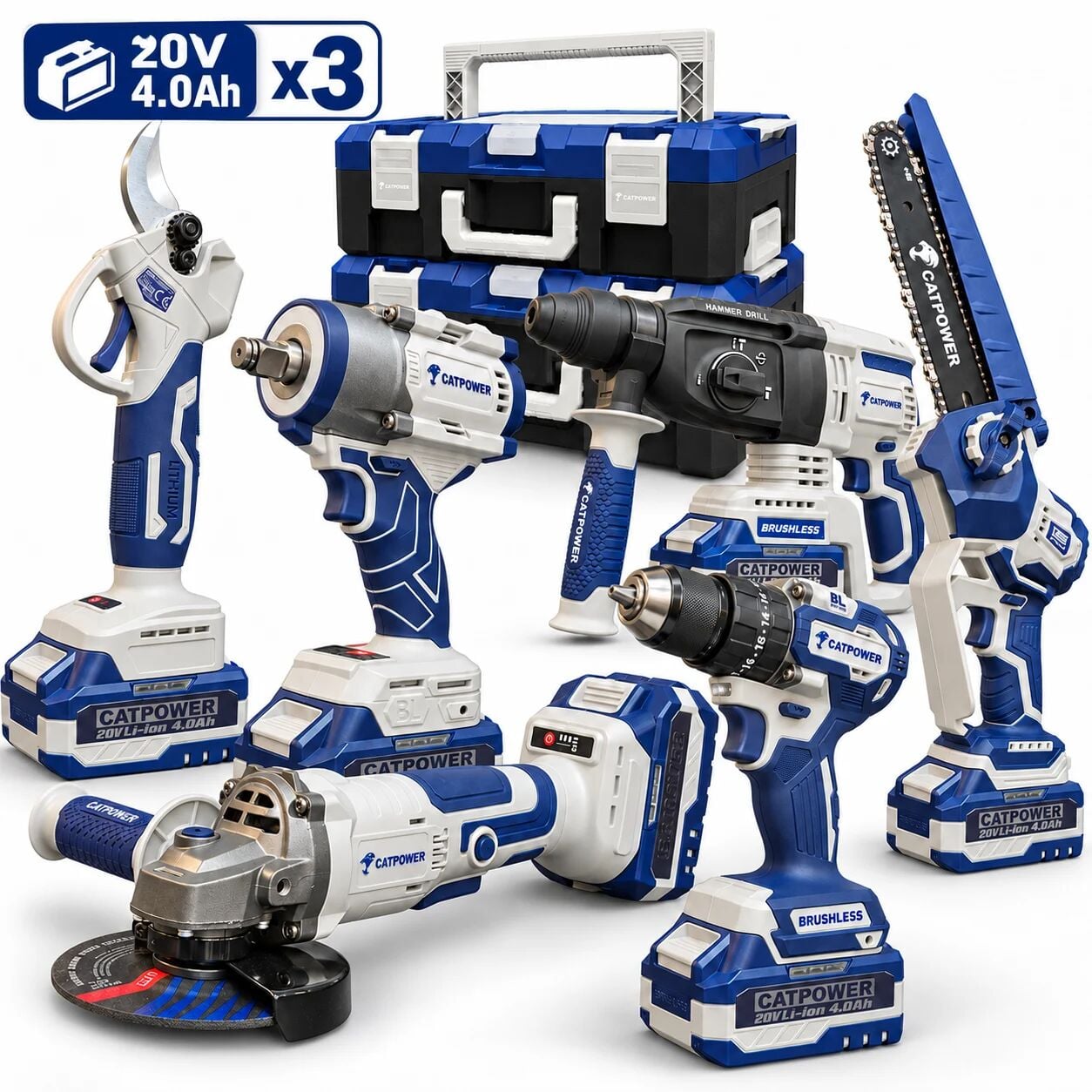 CATPOWER 1560 Kömürsüz Akülü 6'lı Set 20V 4.0Ah – Matkap, Somun Sıkma, Kırıcı Delici, Taşlama ve Budama